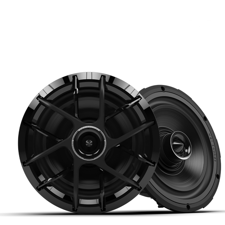 Black ZERO 8 XZ-B car speakers with protective grille, cone, and mounting frame, designed for high-quality audio performance.