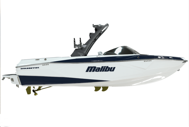 Malibu boat featuring a sleek design with a prominent Malibu emblem, ideal for enhancing your boating experience.