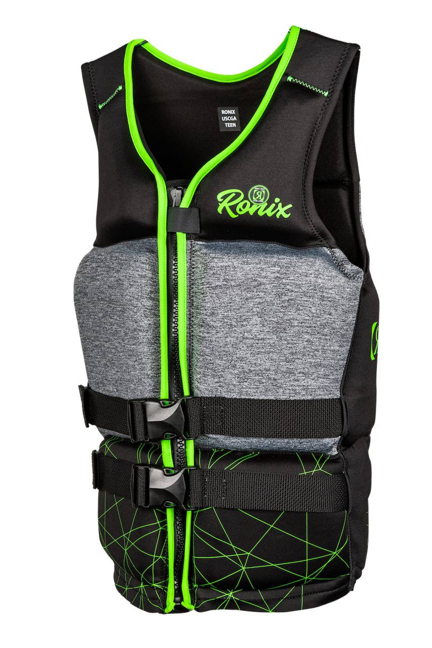 2025 Ronix Driver's Ed Capella 3.0 boys' teens life vest with black, gray, and neon green accents, featuring adjustable straps and zippers.