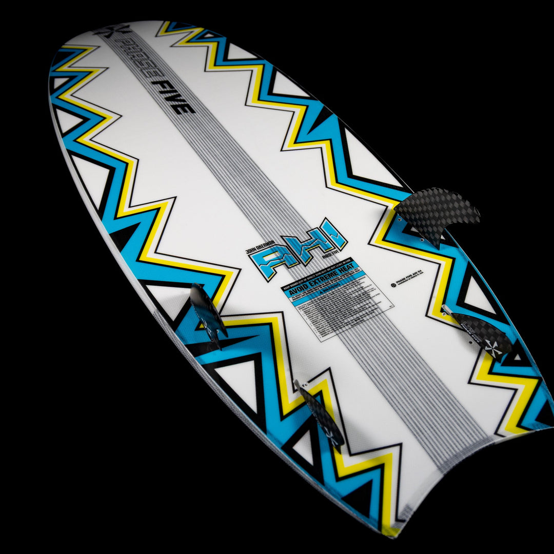 2026 Phase Five Ahi surfboard featuring a vibrant zigzag design and multiple fin setups for optimal performance.