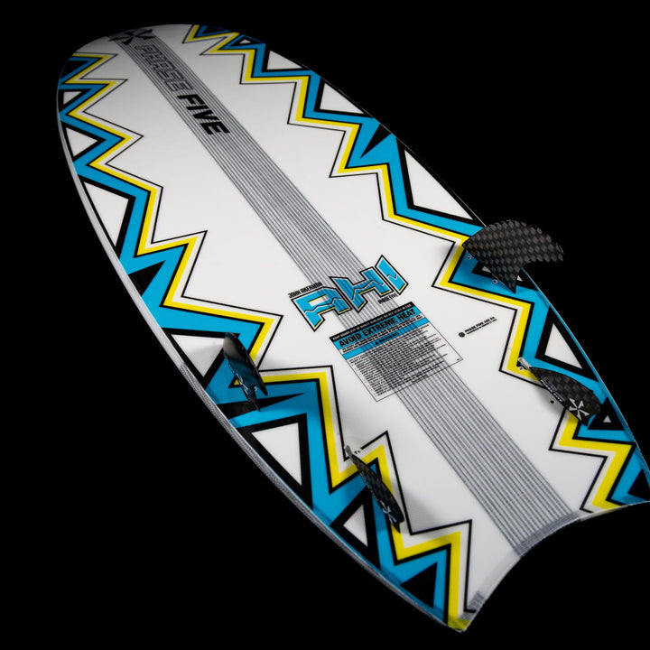 2026 Phase Five Ahi surfboard featuring a vibrant zigzag design and multiple fin setups for optimal performance.