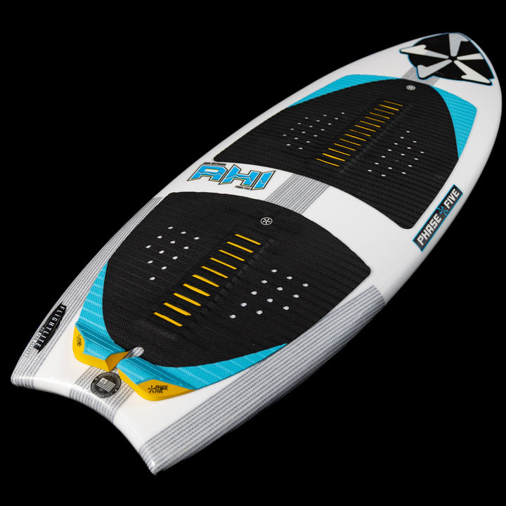 2026 Phase Five Ahi surfboard featuring a sleek design with black and blue accents, ideal for water sports enthusiasts.