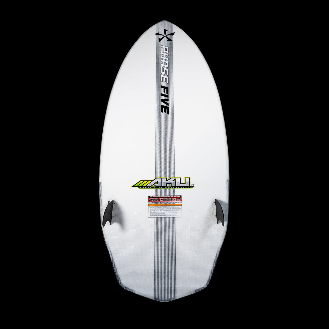 2026 Phase Five Aku V2 wake surfboard featuring a sleek design and dual fins for enhanced performance on the water.