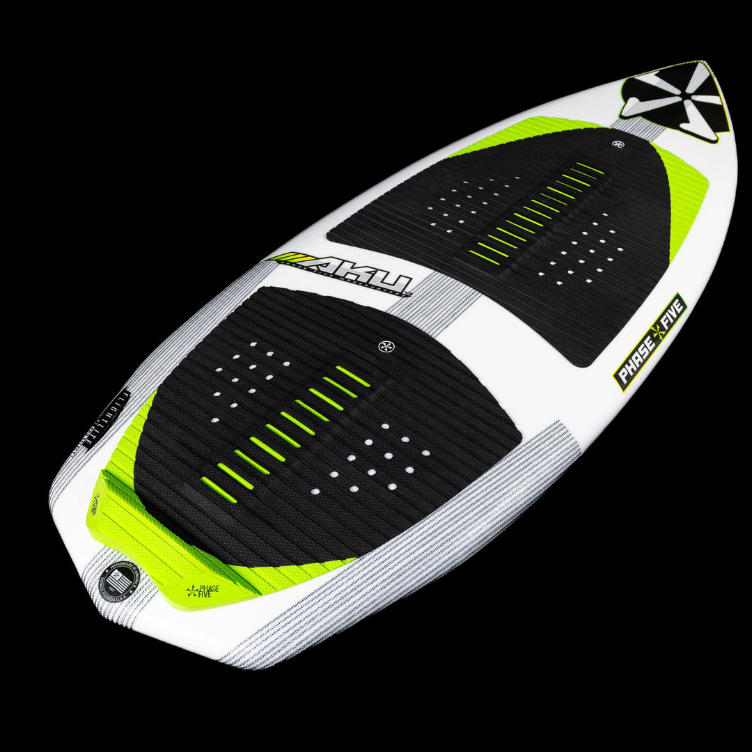2026 Phase Five Aku V2 wake surfboard featuring a sleek design with black and neon green accents and textured foot pads.