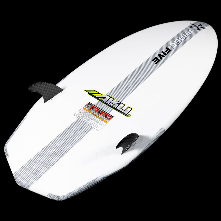 2026 Phase Five Aku V2 surfboard featuring a sleek white design and three fins for enhanced performance on the water.