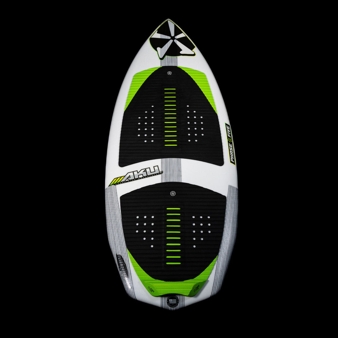 2026 Phase Five Aku V2 wakesurf board featuring a sleek design with black and neon green traction pads for enhanced grip.