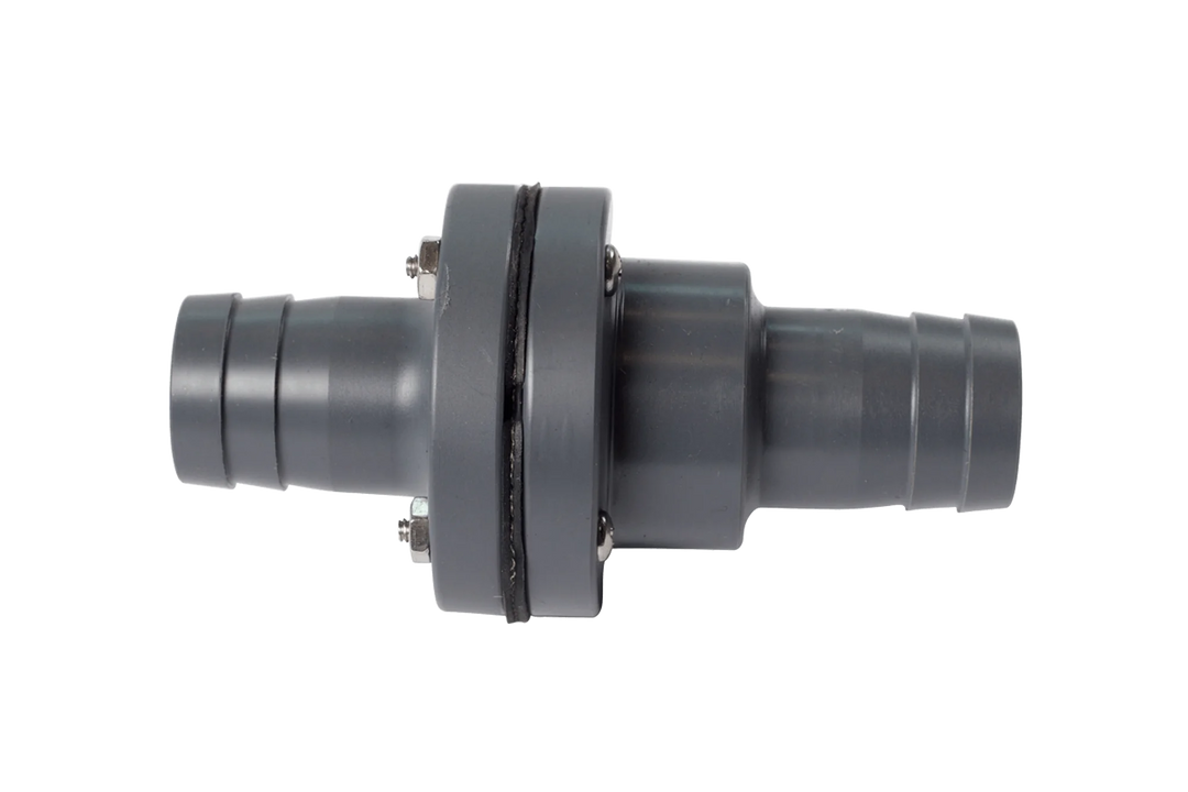 Alt text: "1 1/8 inch barbed in-line check valve, made of black plastic, featuring hose barb connections on both ends and a central circular valve body with a black rubber seal and metal clamps."