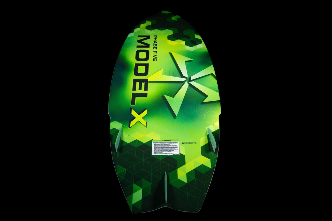 2025 Phase 5 Model X skim board featuring a vibrant green and black geometric design, ideal for water sports enthusiasts.