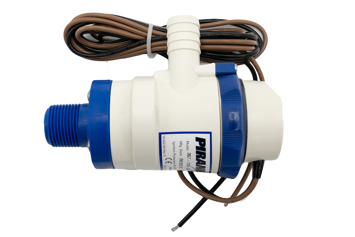 Ballast pump 800 GPH with white and blue body, brown and black wiring, used for marine ballast systems.