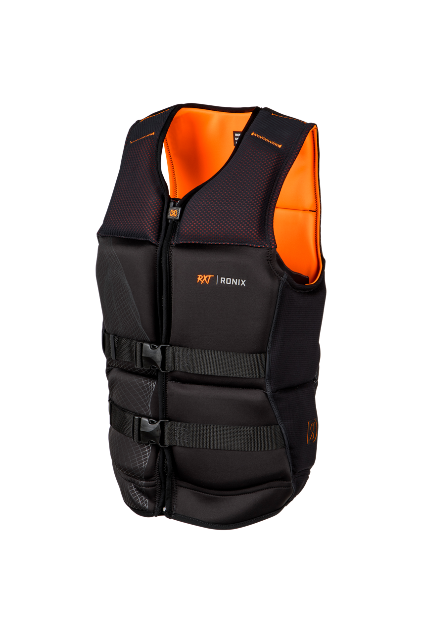 2024 Ronix RXT Capella 3.0 Vest in black and orange, featuring adjustable straps and a sleek design for water sports.