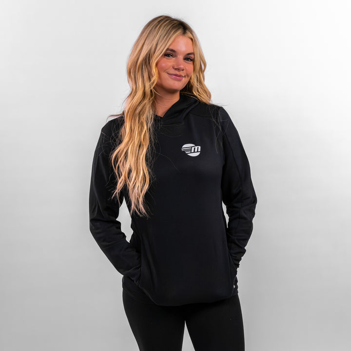 Black Malibu Performance Hoodie featuring a logo on the chest, designed for comfort and style on and off the water.