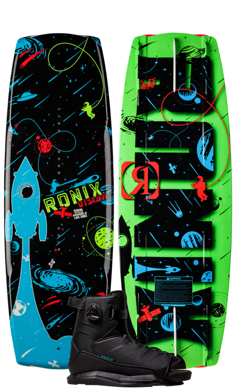 2025 Ronix Vision Kid's Wakeboard with space-themed graphics and adjustable binding for young wakeboarders.