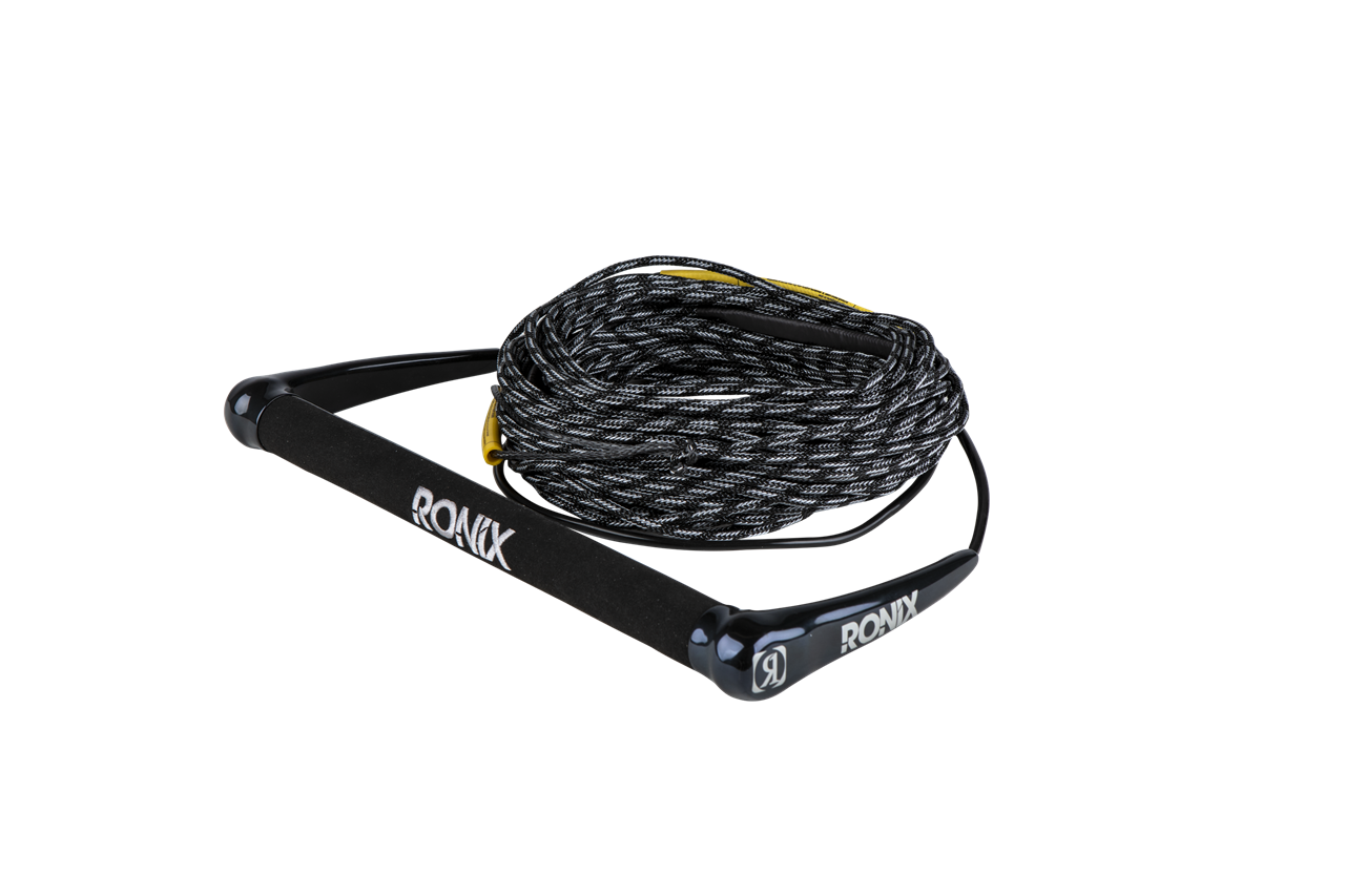 2025 Ronix Combo 4.0 Rope with black and white braided cord and black handles labeled "Ronix" for water sports.