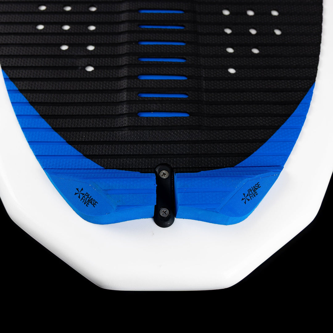 Close-up of the 2026 Phase Five Diamond CL wakeboard with a textured black and blue surface for grip and performance.