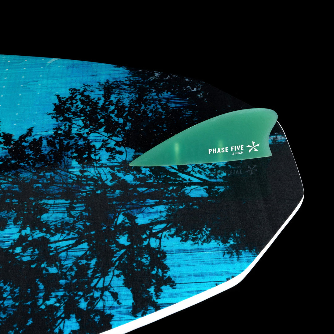 2026 Phase Five Diamond CL wake surfboard featuring a vibrant blue design and a green 2-inch fin for enhanced performance.