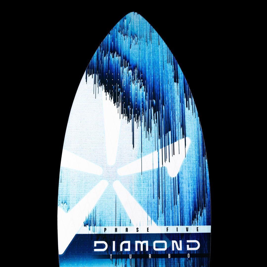 2026 Phase Five Diamond Turbo wake surfboard featuring a vibrant blue design and sleek shape for optimal performance.