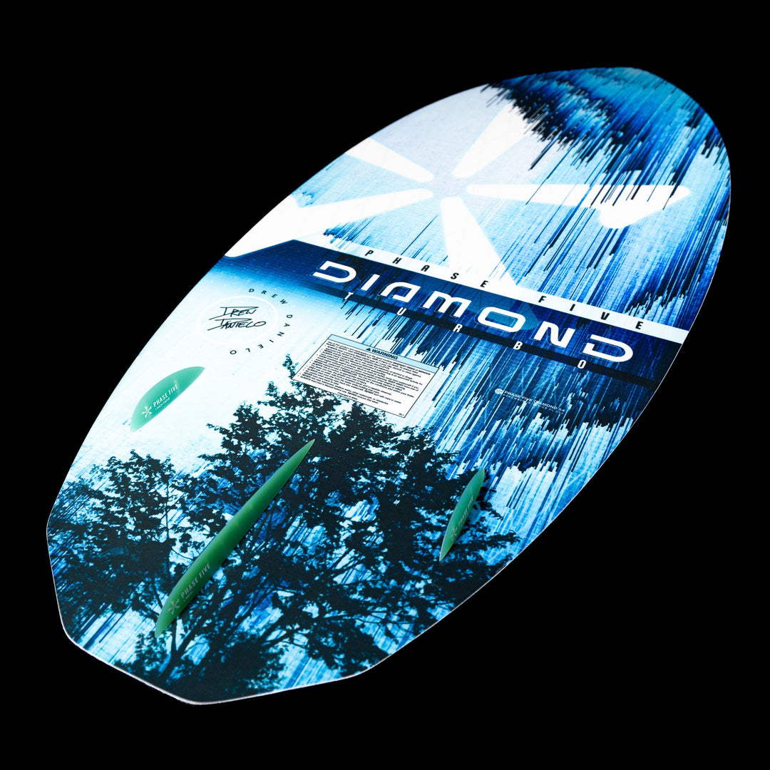 2026 Phase Five Diamond Turbo wake surfboard featuring a vibrant blue design and streamlined shape for optimal performance.