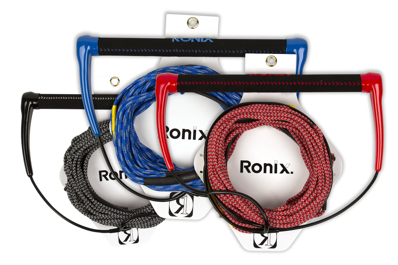 2025 Ronix Combo 3.0 Rope set with colorful handles and coiled ropes in blue, red, and black, designed for water sports.