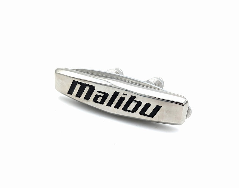 New design pull-up cleat with "Malibu" branding, sleek silver finish, ideal for boating and marine use.