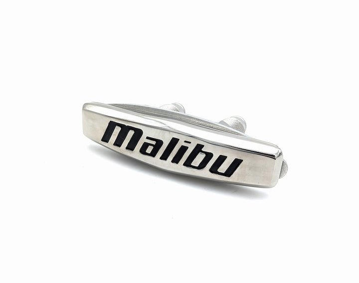 New design pull-up cleat with "Malibu" branding, sleek silver finish, ideal for boating and marine use.