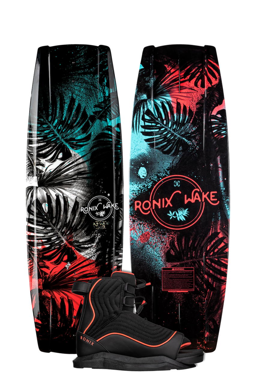 2025 Ronix Krush SF Wakeboard with vibrant tropical leaf design and a wakeboard boot in black and red accents.