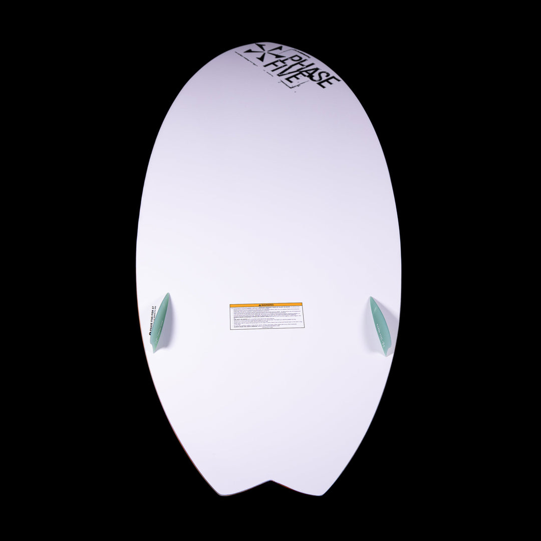 2025 Phase 5 Fish skimboard featuring a sleek white surface and green fins, designed for optimal performance on water.