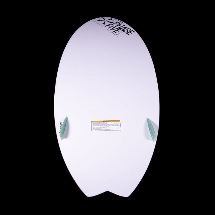 2025 Phase 5 Fish skimboard featuring a sleek white surface and green fins, designed for optimal performance on water.