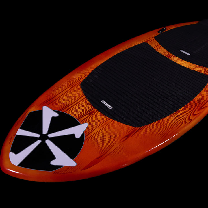 2025 Phase 5 Fish Skim Board featuring a vibrant orange design and textured black traction pad for grip.