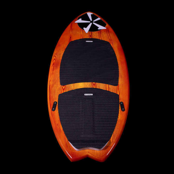 2025 Phase 5 Fish Skim Board featuring a vibrant orange design and textured black footpads for grip and stability.