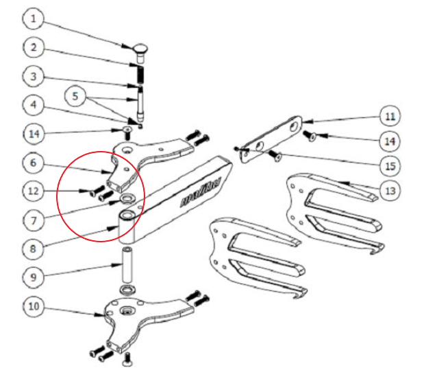 Diagram of Malibu/Axis Bungee Rack Fork Bolt assembly, showing various parts and their placement in the rack system.