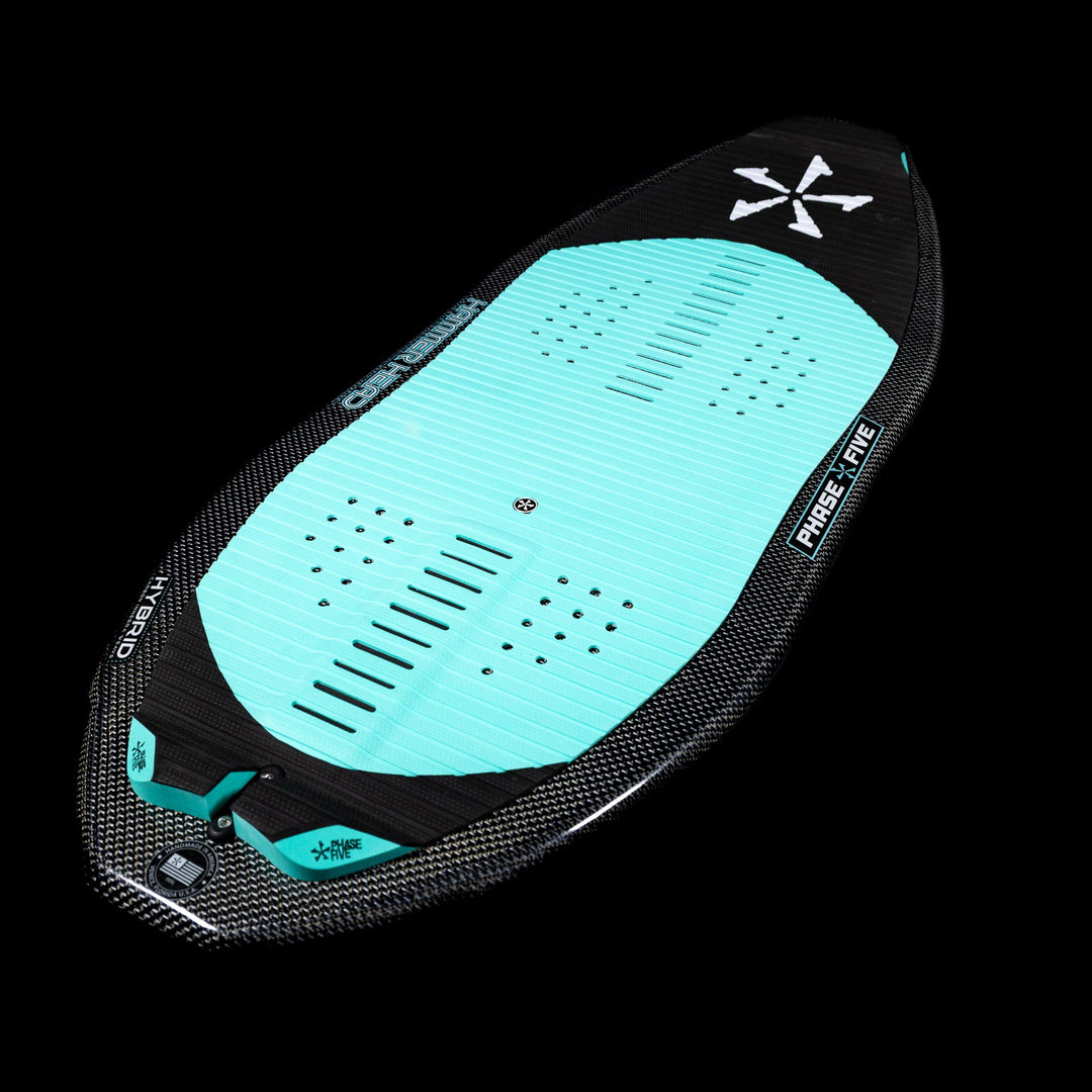 2026 Phase Five Hammerhead V3 wake surfboard featuring a sleek design with a black and aqua color scheme.
