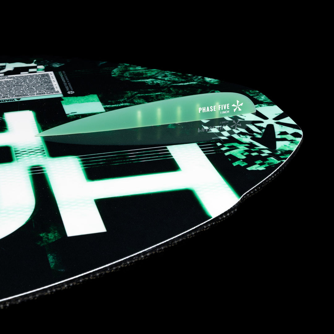 Close-up of the 2026 Phase Five Hammerhead V3 wake surfboard showcasing its sleek design and vibrant graphics.