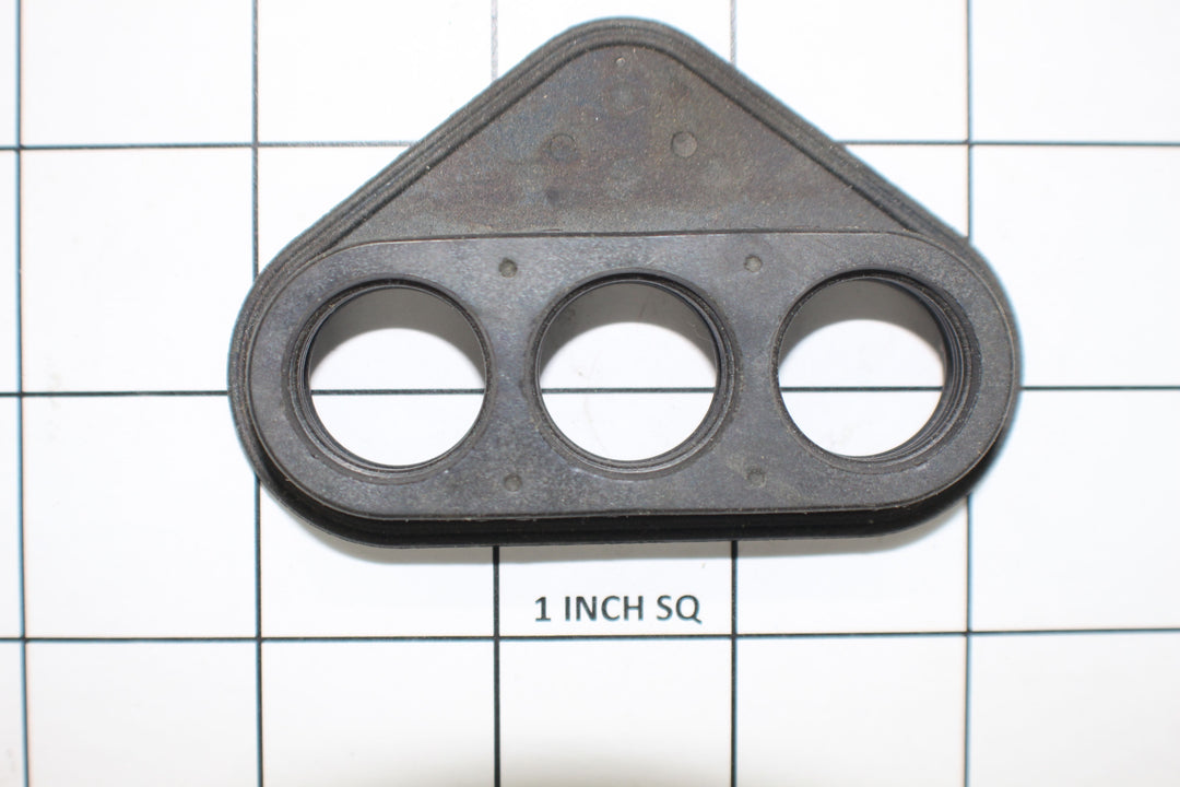Heat exchanger seal featuring a triangular shape with three circular openings, designed for marine applications.