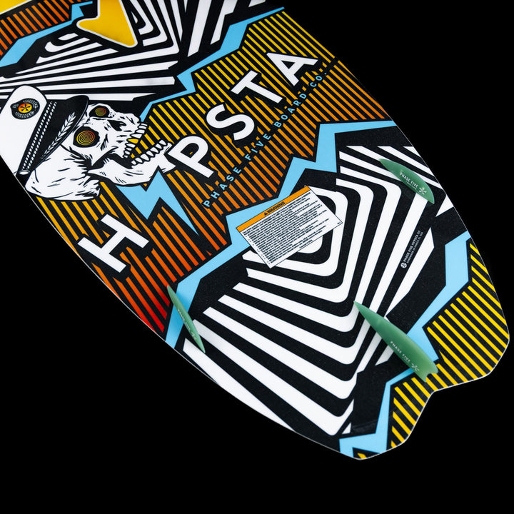 Colorful 2026 Phase Five Hypsta V2 wake surfboard featuring a unique design and fins for enhanced performance on the water.