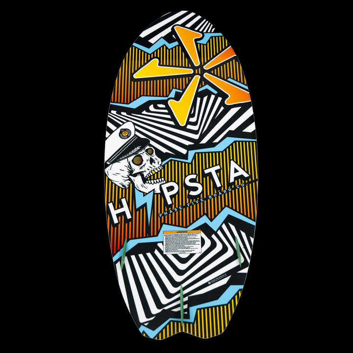 Colorful 2026 Phase Five Hypsta V2 wakesurf board featuring a bold design with a skull and vibrant patterns.
