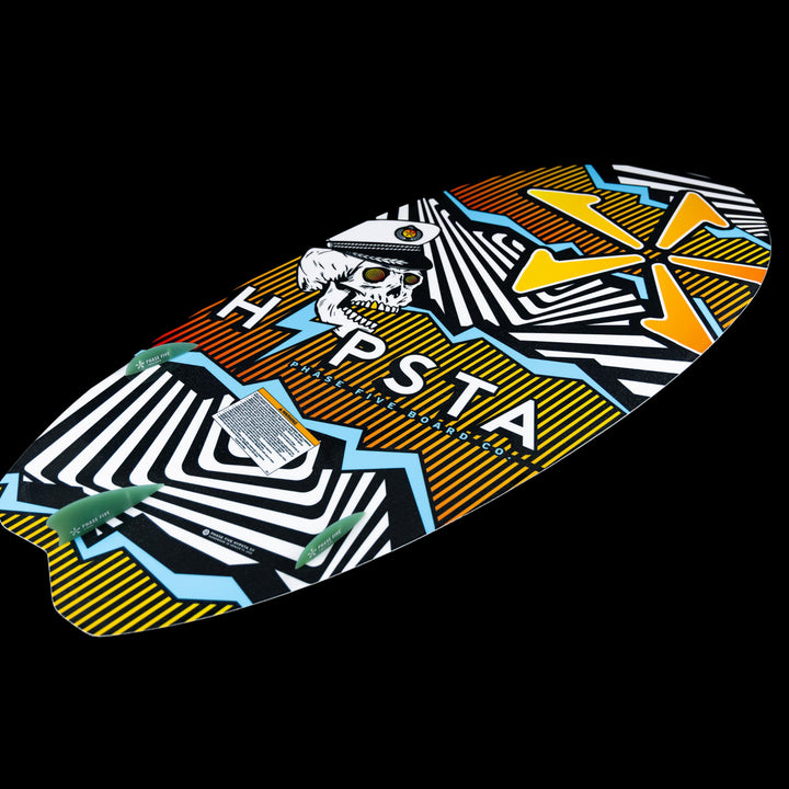 2026 Phase Five Hypsta V2 wake surfboard featuring a vibrant graphic design with a skull and geometric patterns.