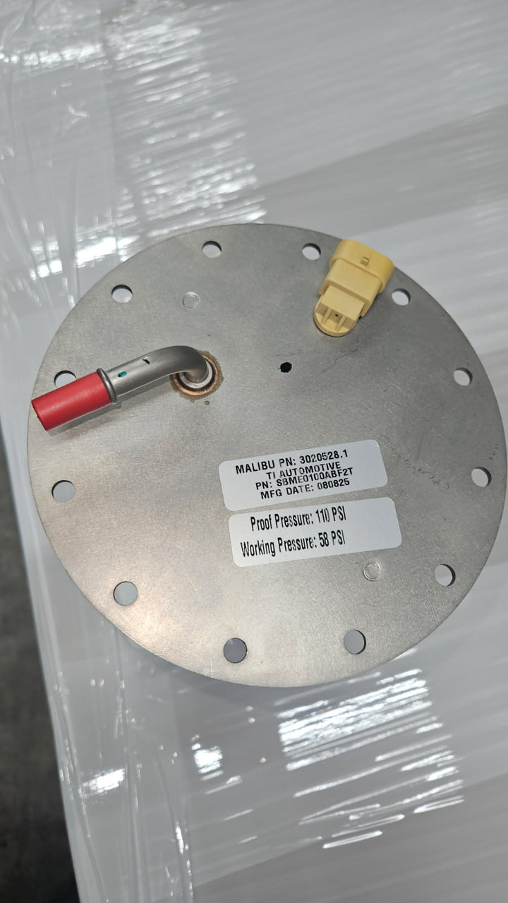 In-tank fuel pump for Malibu boats, featuring pressure specifications and connection points for installation.