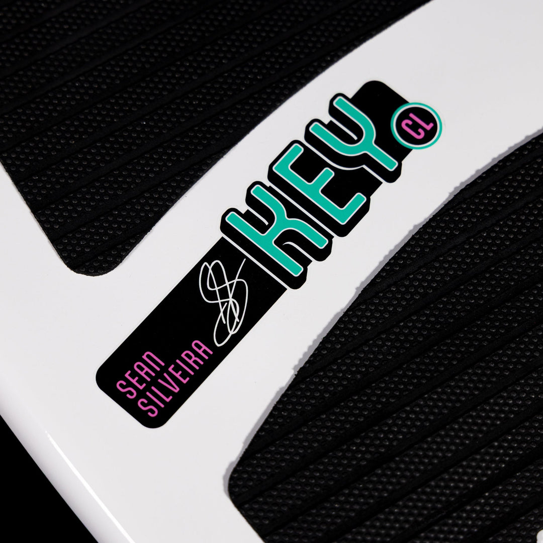 Close-up of the 2026 Phase Five Key CL wakeboard featuring a textured surface and Sean Silveira&