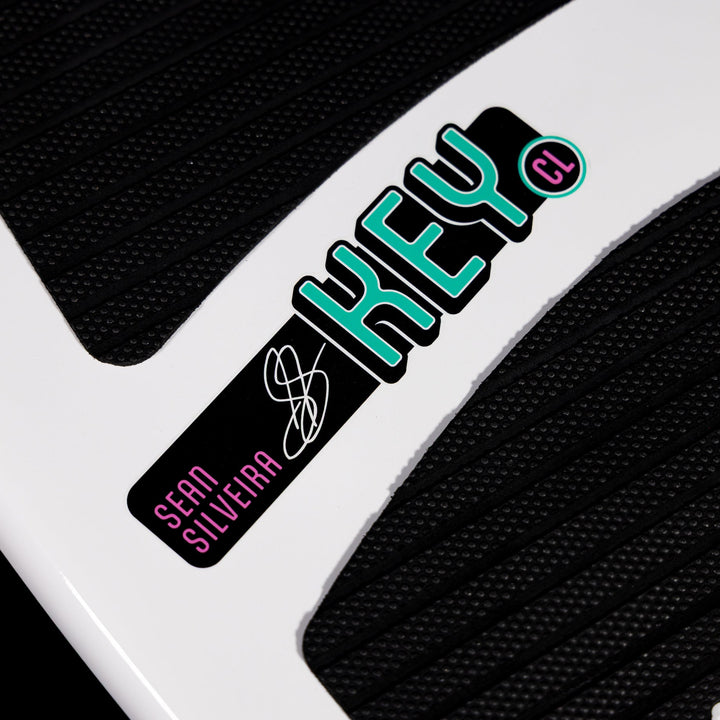 Close-up of the 2026 Phase Five Key CL wakeboard featuring a textured surface and Sean Silveira&