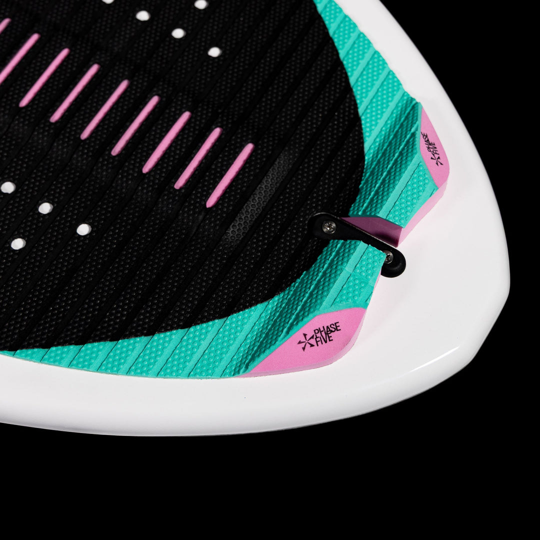 Close-up of the 2026 Phase Five Key CL wake surfboard showing its textured grip surface and colorful design.