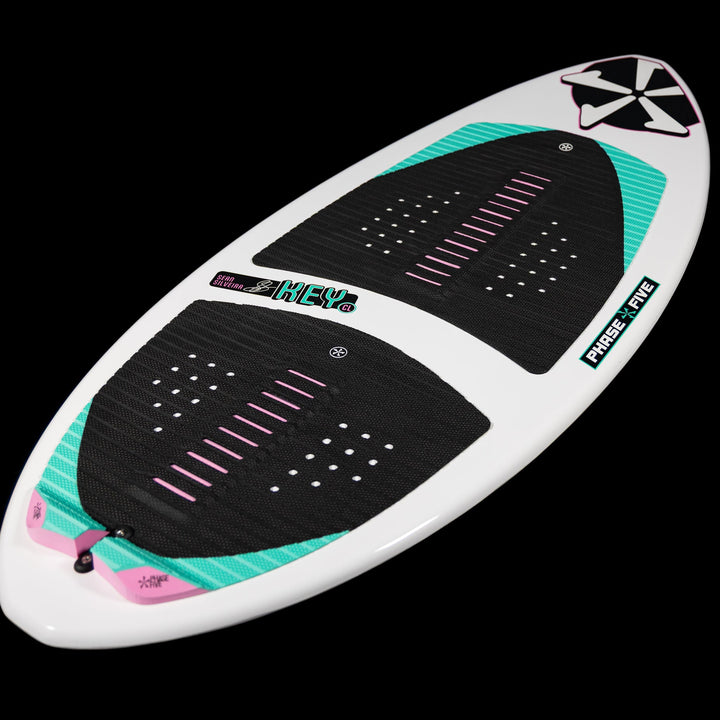 2026 Phase Five Key CL wakesurf board featuring a sleek design with a vibrant color scheme and textured foot pads.