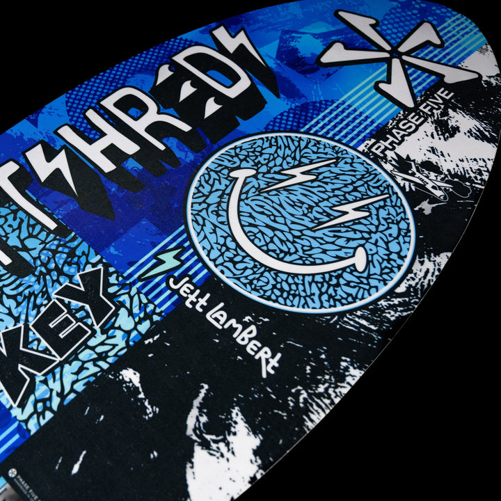 2026 Phase Five Key Jett Shreds wakesurf board featuring vibrant blue graphics and a unique design for optimal performance.