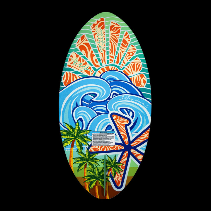Colorful 2026 Phase Five Key Stewart Pro surfboard featuring vibrant wave and palm tree designs, ideal for water sports enthusiasts.