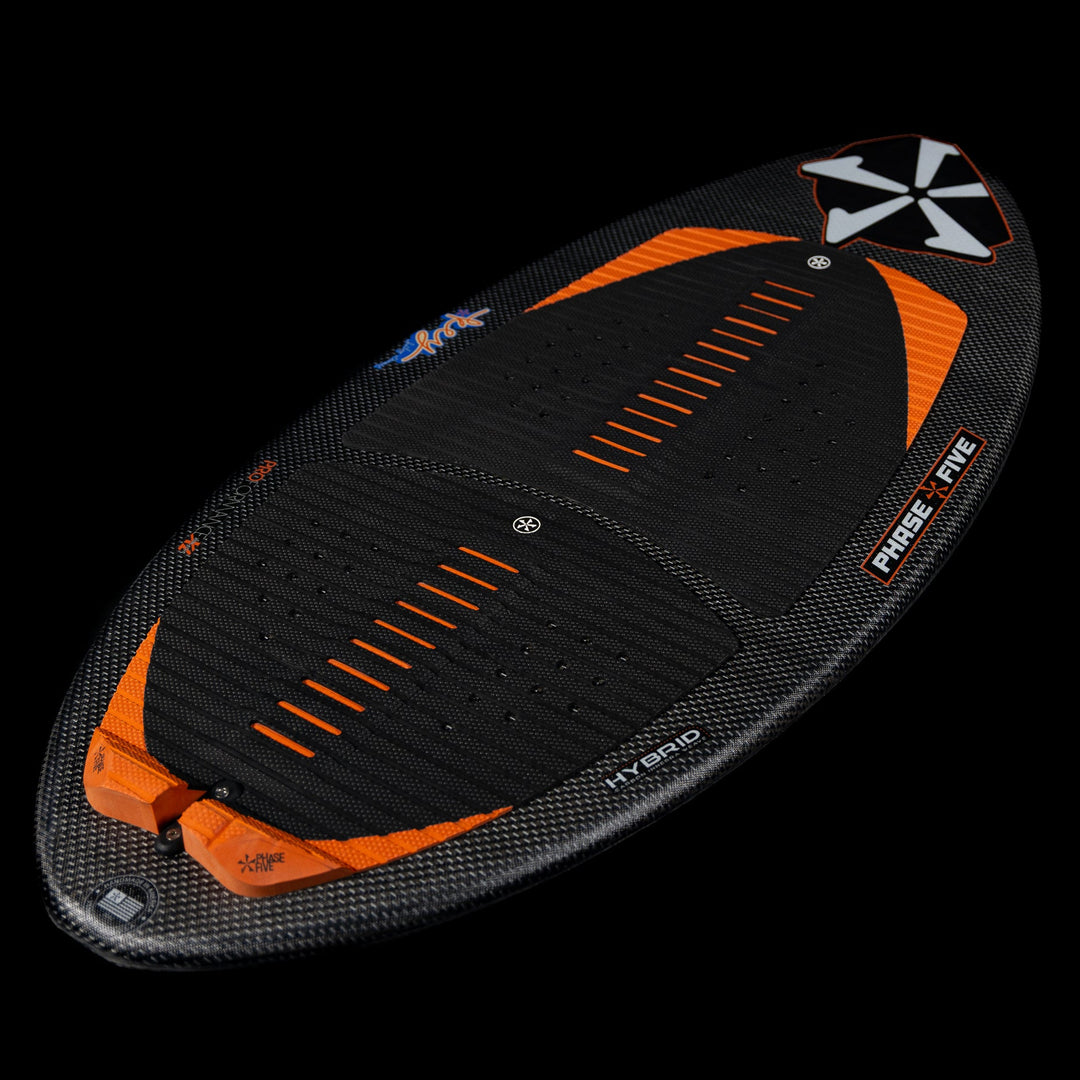 2026 Phase Five Key Stewart Pro wake surfboard featuring a sleek design with orange accents and textured surface for grip.