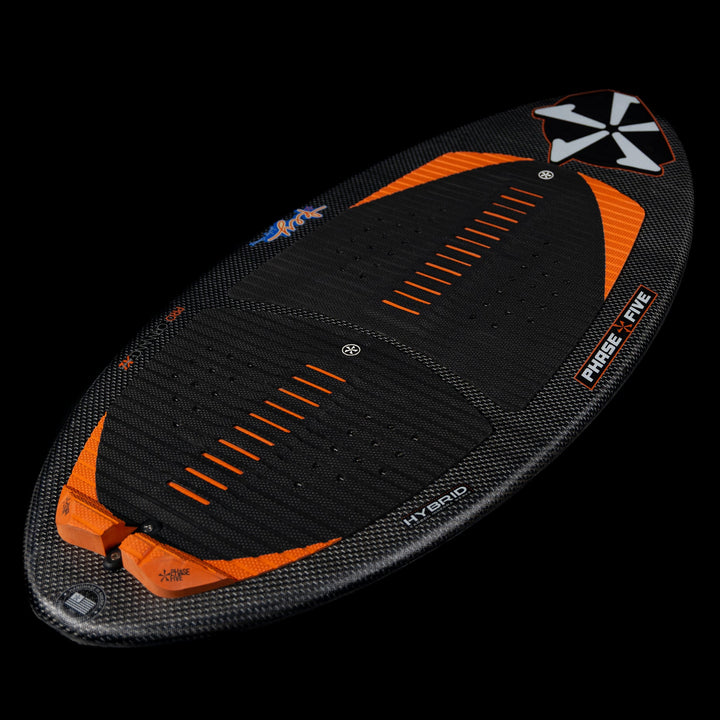 2026 Phase Five Key Stewart Pro wake surfboard featuring a sleek design with orange accents and textured surface for grip.