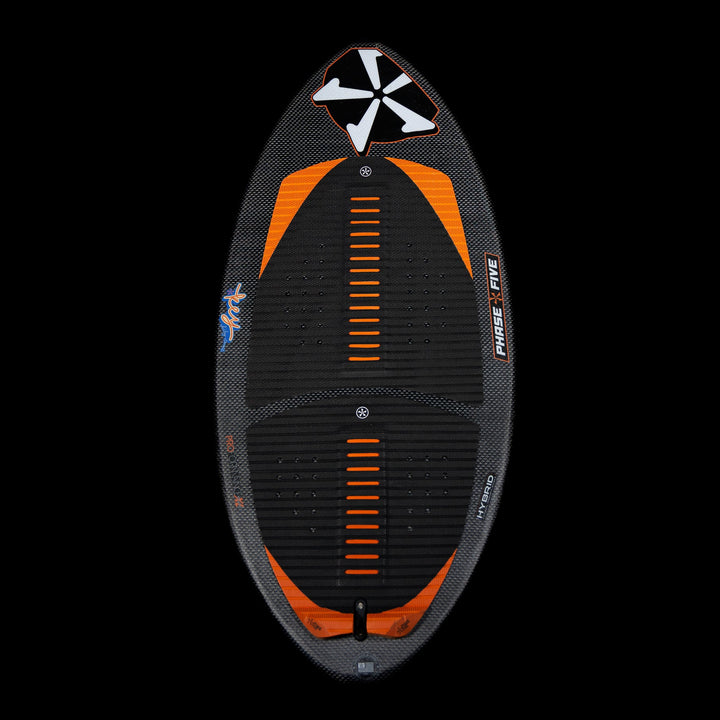 2026 Phase Five Key Stewart Pro wake surfboard featuring a sleek design with orange accents and textured foot pads.
