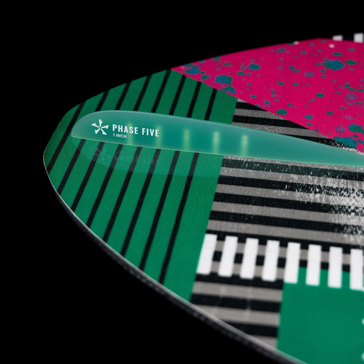 2026 Phase Five Key V2 wake surfboard featuring a vibrant graphic design with stripes and bold colors.