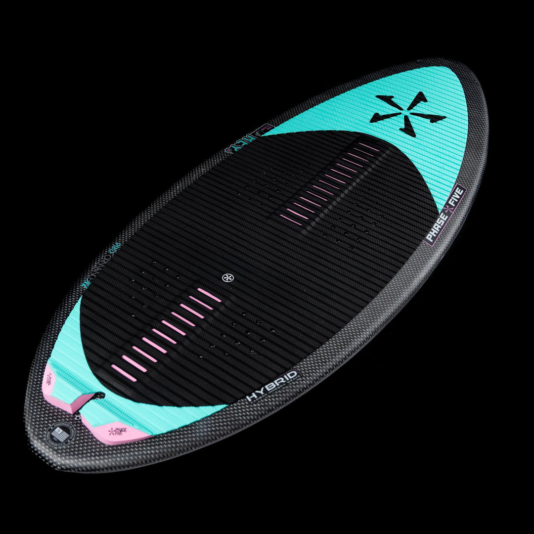 2026 Phase Five Key V2 surfboard featuring a sleek design with a turquoise and black color scheme, ideal for water sports.
