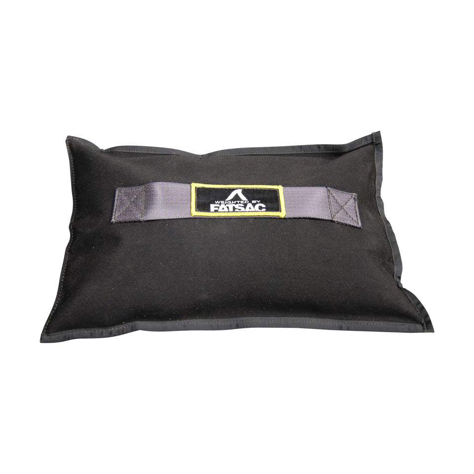 FatSac 50 lbs metal lead weight for fishing or boating, with durable black fabric and adjustable strap for secure placement.