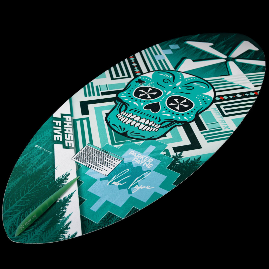 2026 Phase Five Matrix Pro wakesurf board featuring a vibrant skull design and a sleek shape for optimal performance.